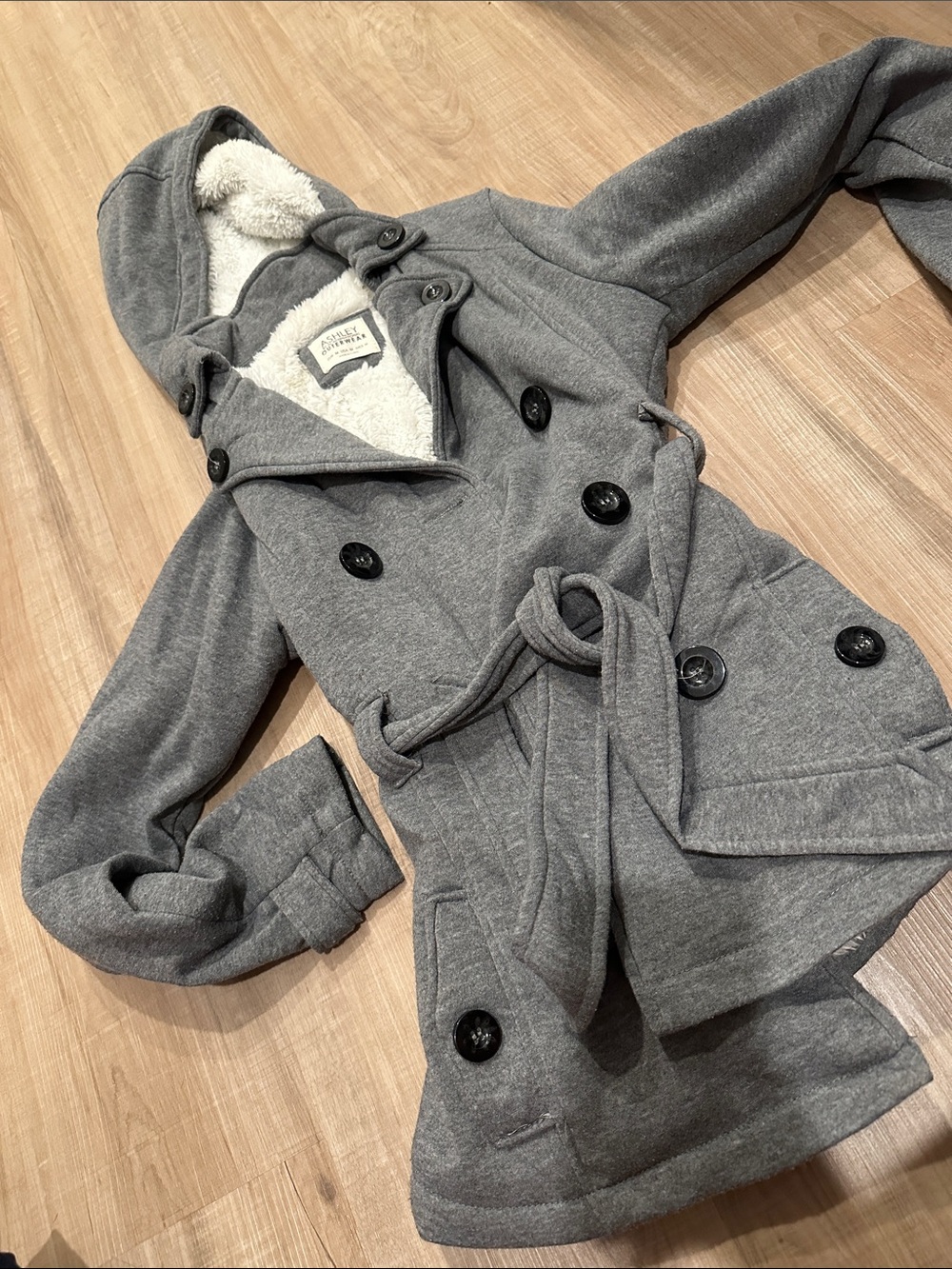 Ashley By 26 International Gray Hooded Double-Breasted Pea Coat with Belt
